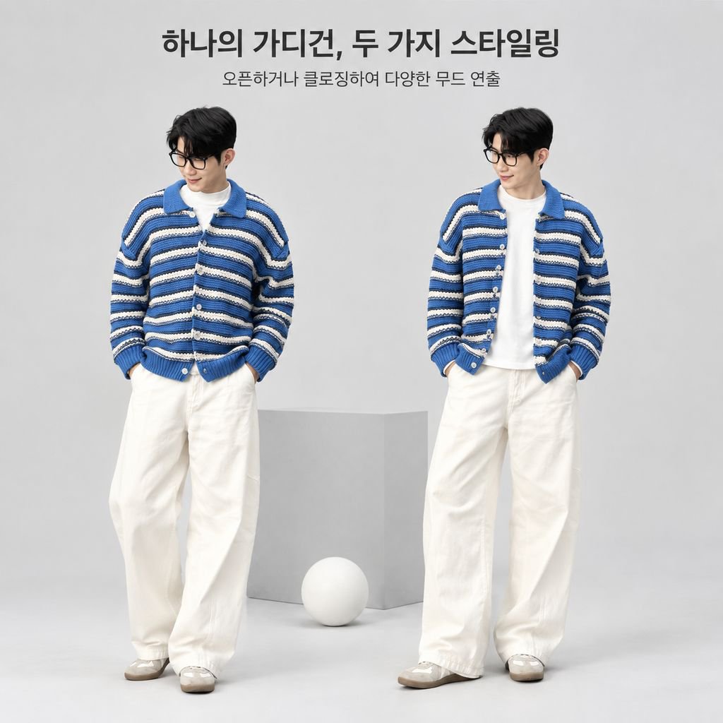 남성용 블루 앤 화이트 줄무늬 카라 니트 가디건 가을 시즌 너플한 멋이 있는 스웨터 상의