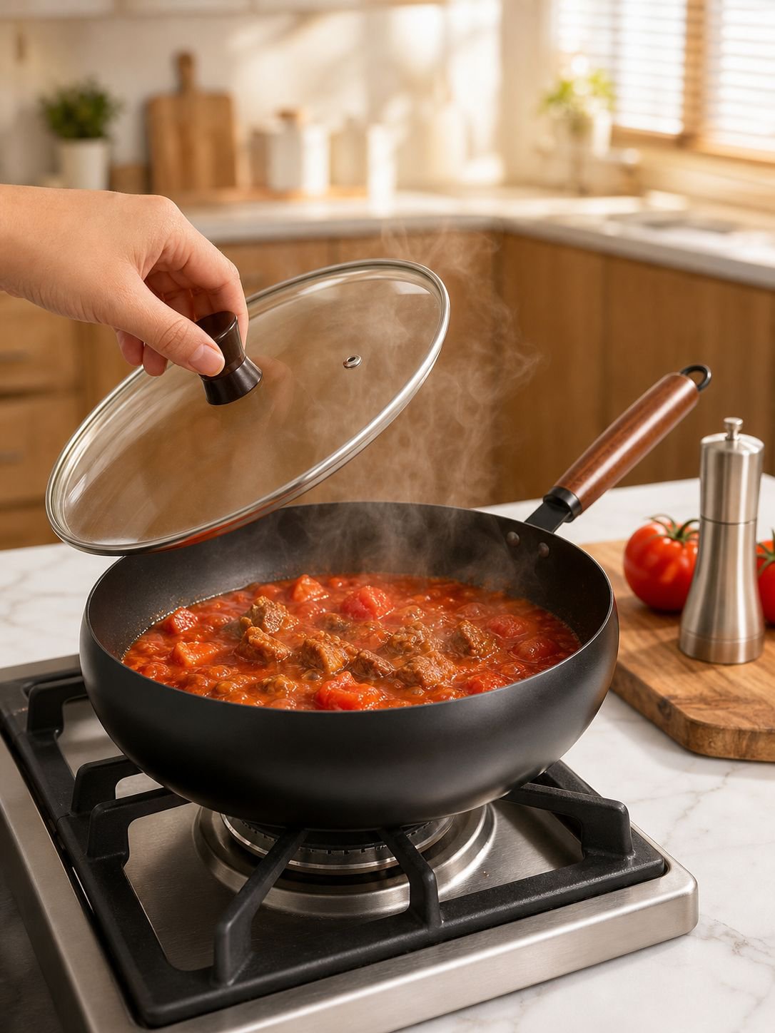 Deep nonstick frying pan compatible with gas stoves