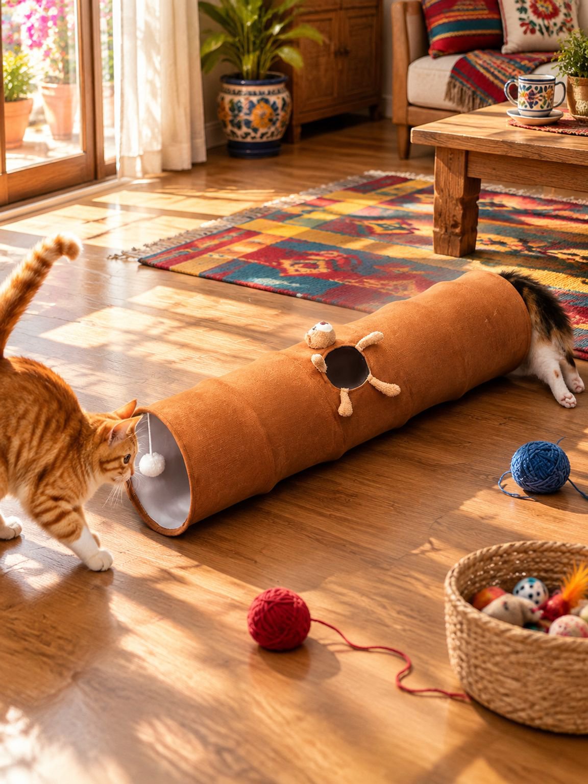 Túnel de juego plegable para gatos en sala de estar