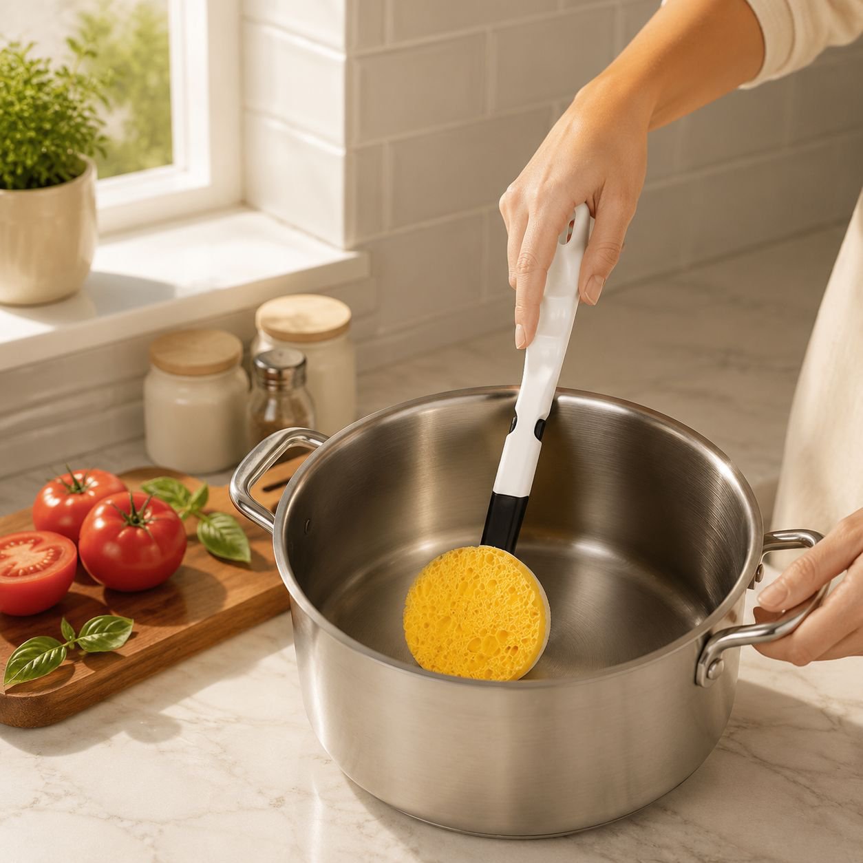 Cepillo de algodón para ollas con mango largo en uso en la cocina
