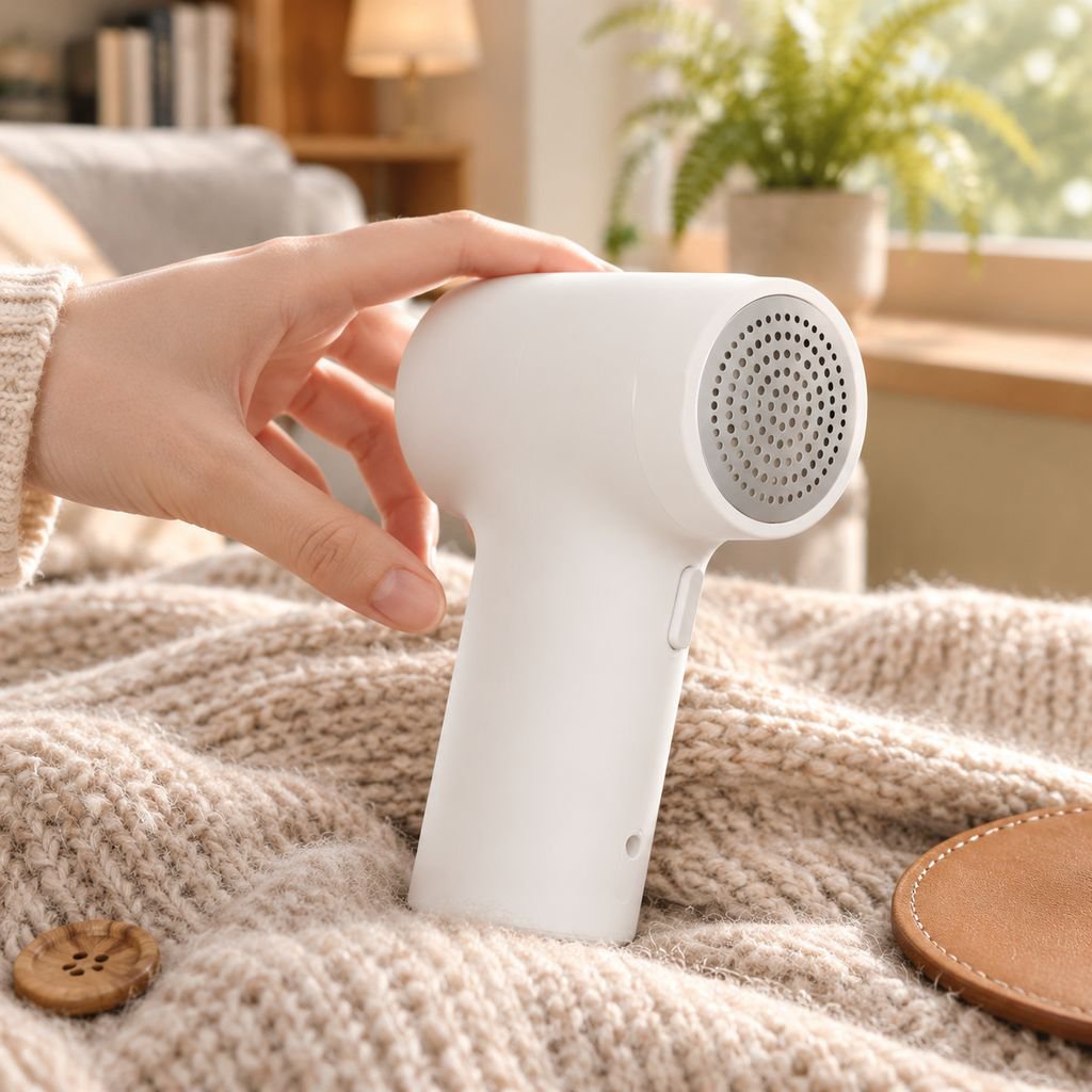 Electric lint shaver in action, cleaning piles from winter clothes
