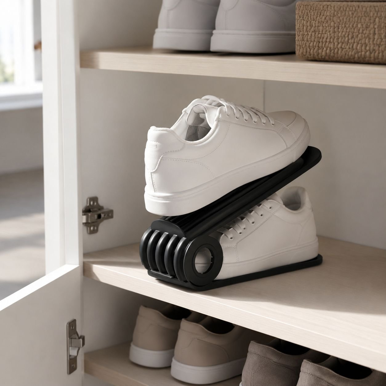 Platzsparendes, faltbares Doppel-Schuhregal mit Schuhablage