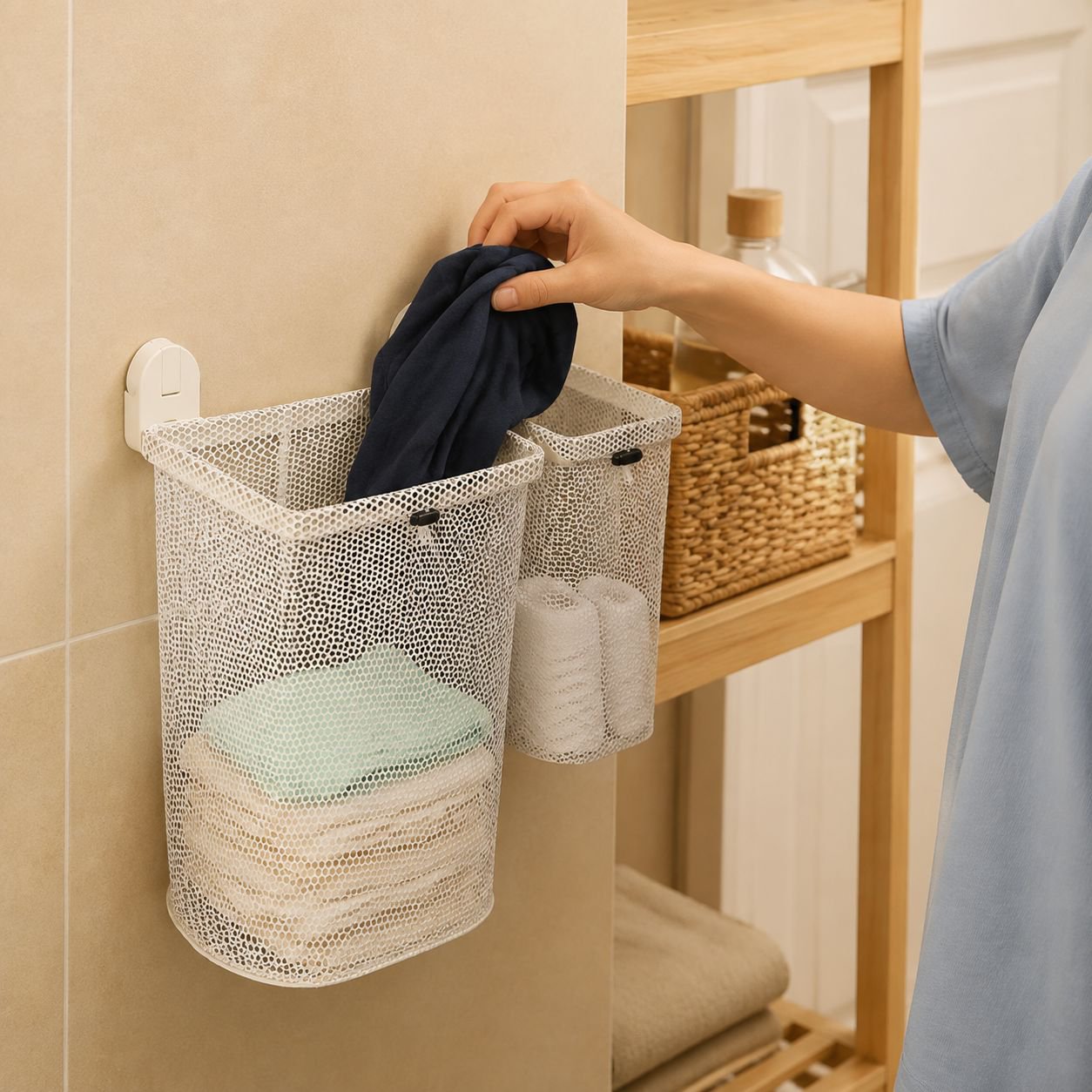 Bathroom Double Suction Cup Foldable Laundry Basket, No-drill Installation, Breathable Design