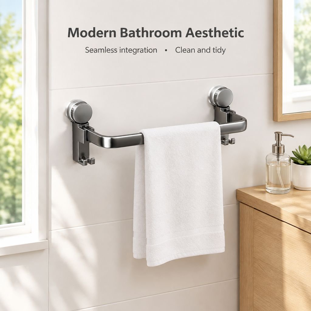 Gun Grey Carbon Steel Suction Cup Towel Bar Wall Mounted Punch-Free Bathroom Towel Rack