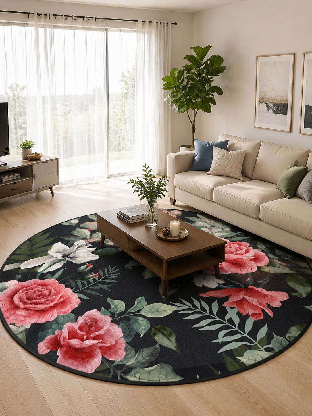 Elegant rose design floor mat under coffee table