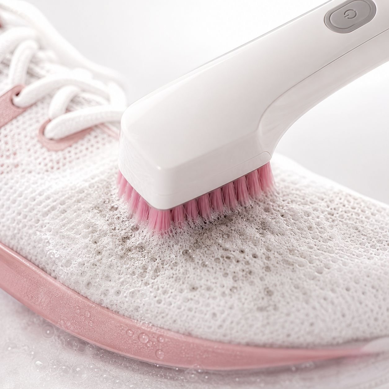 Rechargeable shoe cleaning brush removing dirt from white sneakers