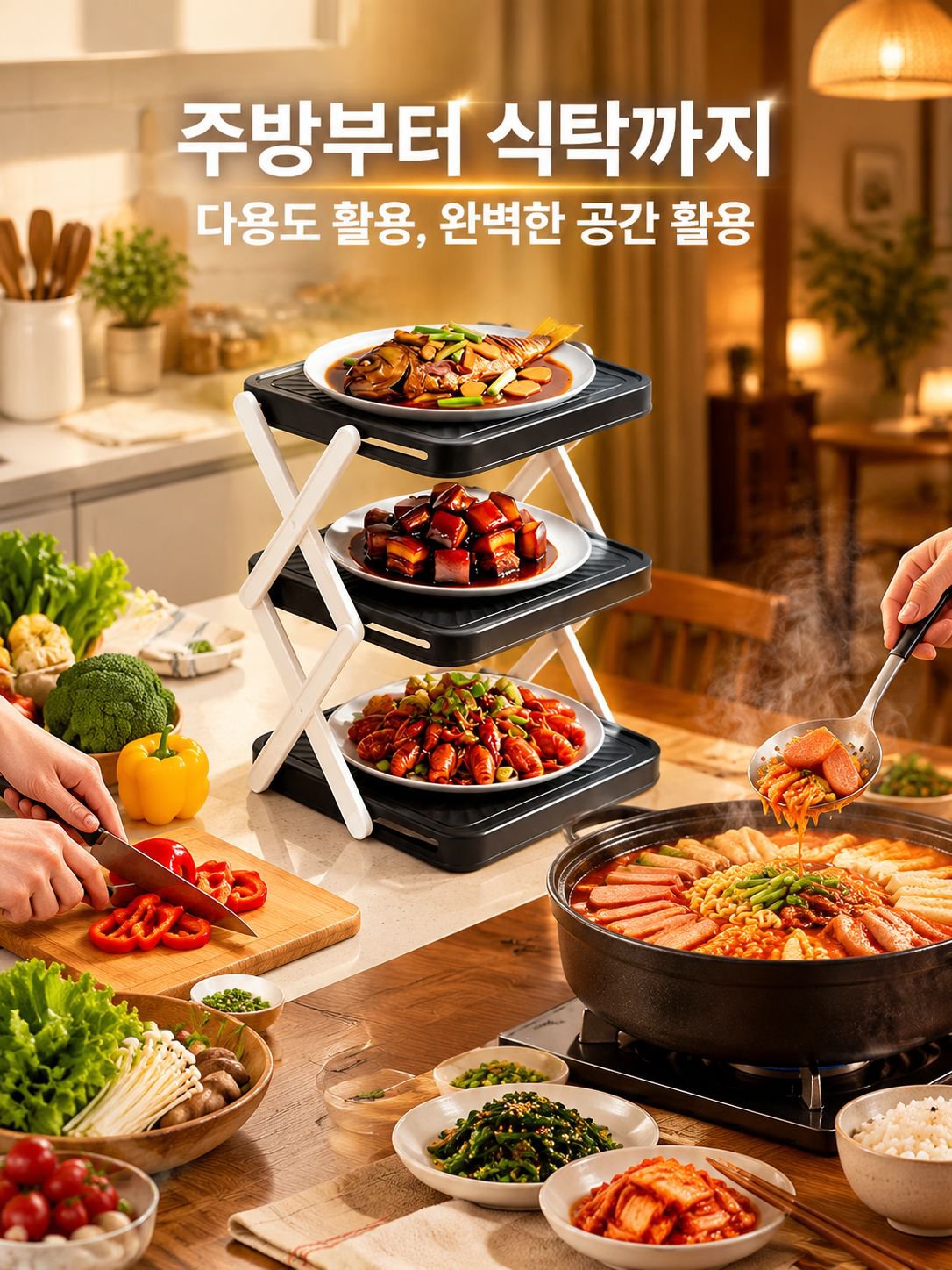 가정용 접이식 다층 조리대 주방 정리 선반 샤브샤브 파티용 휴대식 야채 선반