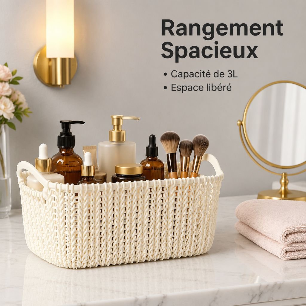Panier de rangement de bureau en plastique effet rotin