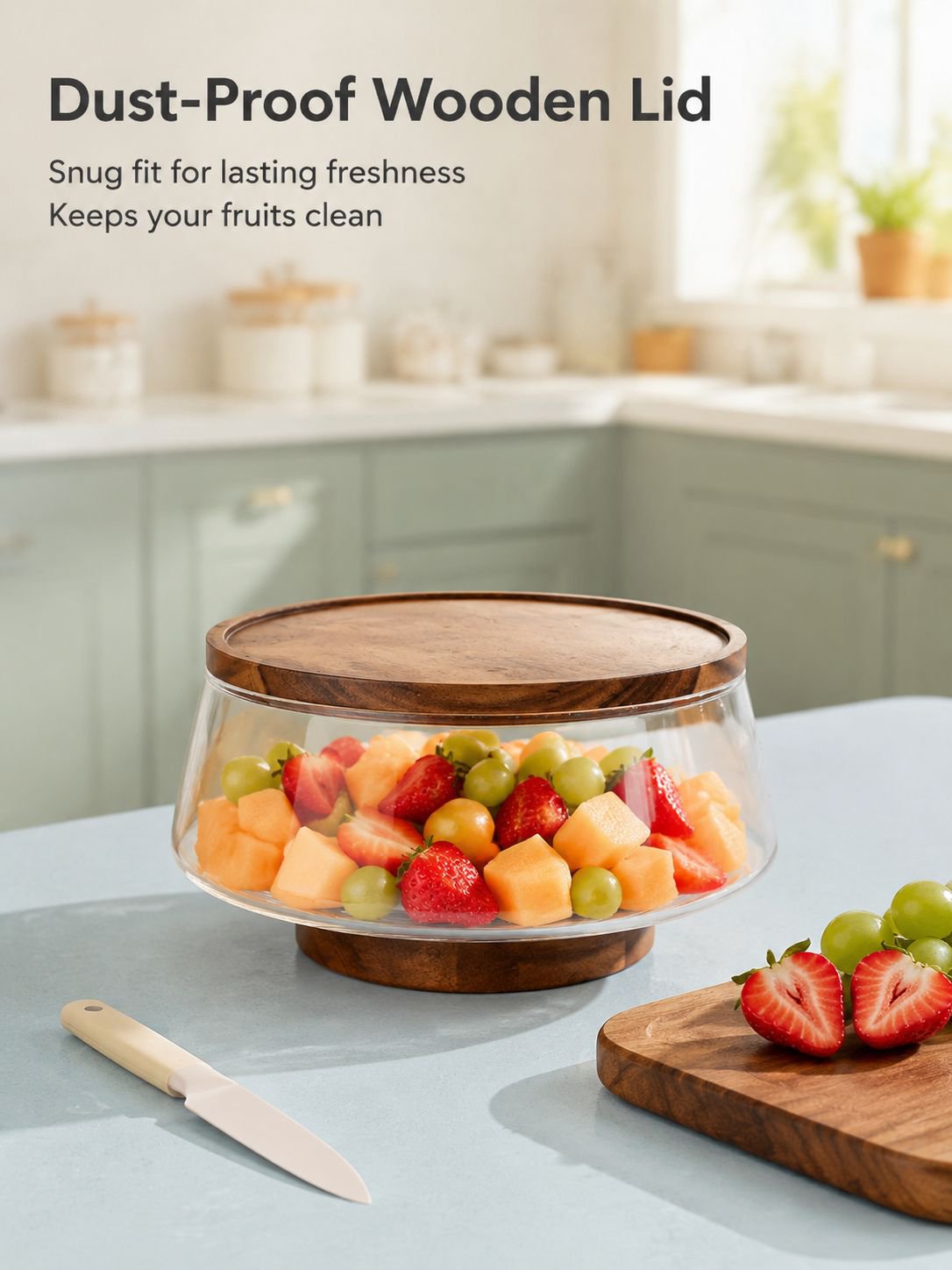 Serving fruits on glass plate with natural wood lid