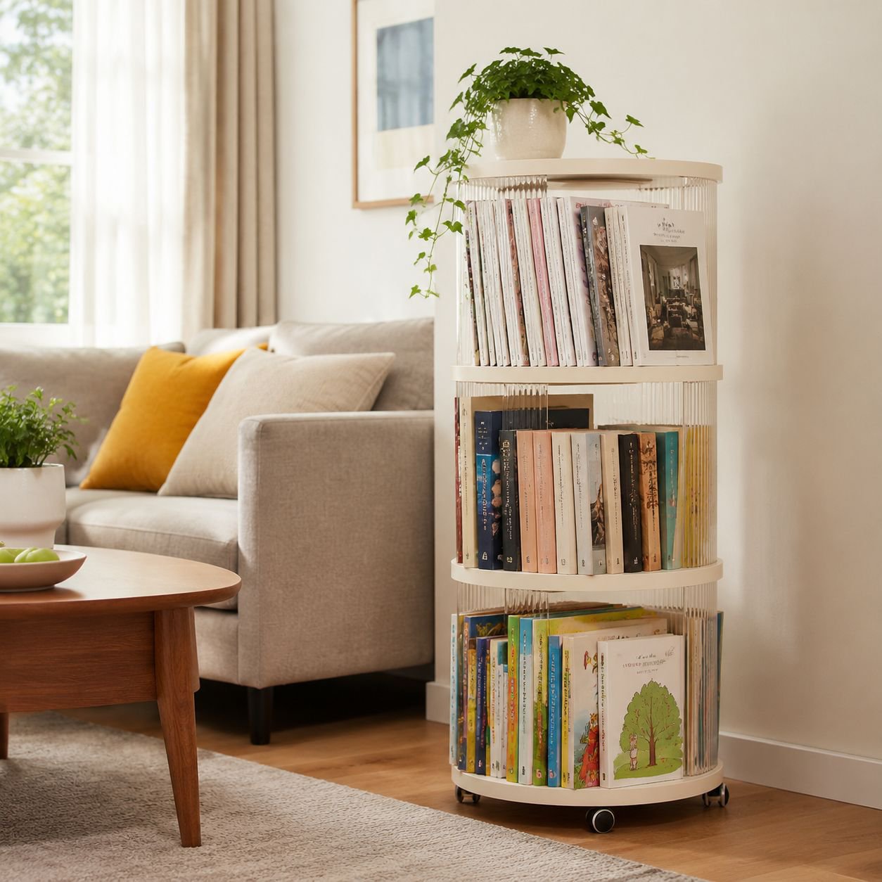 Durable and versatile rotating bookshelf for home
