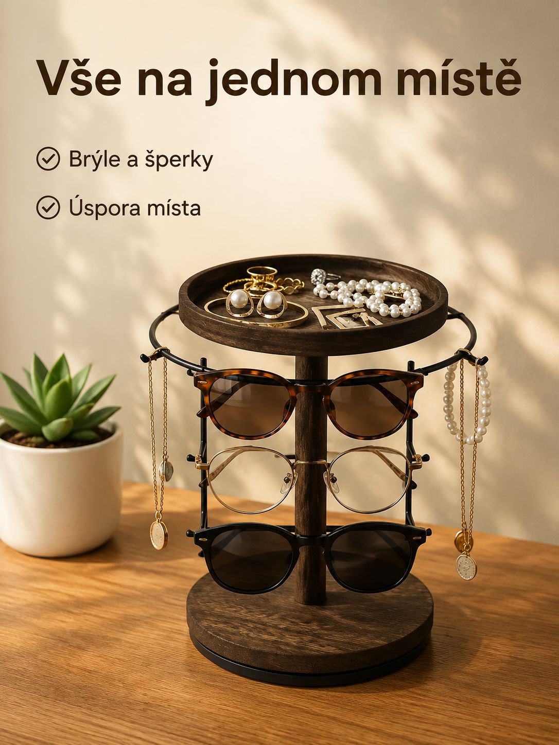 Multifunkční dřevěný stojan na brýle a šperky