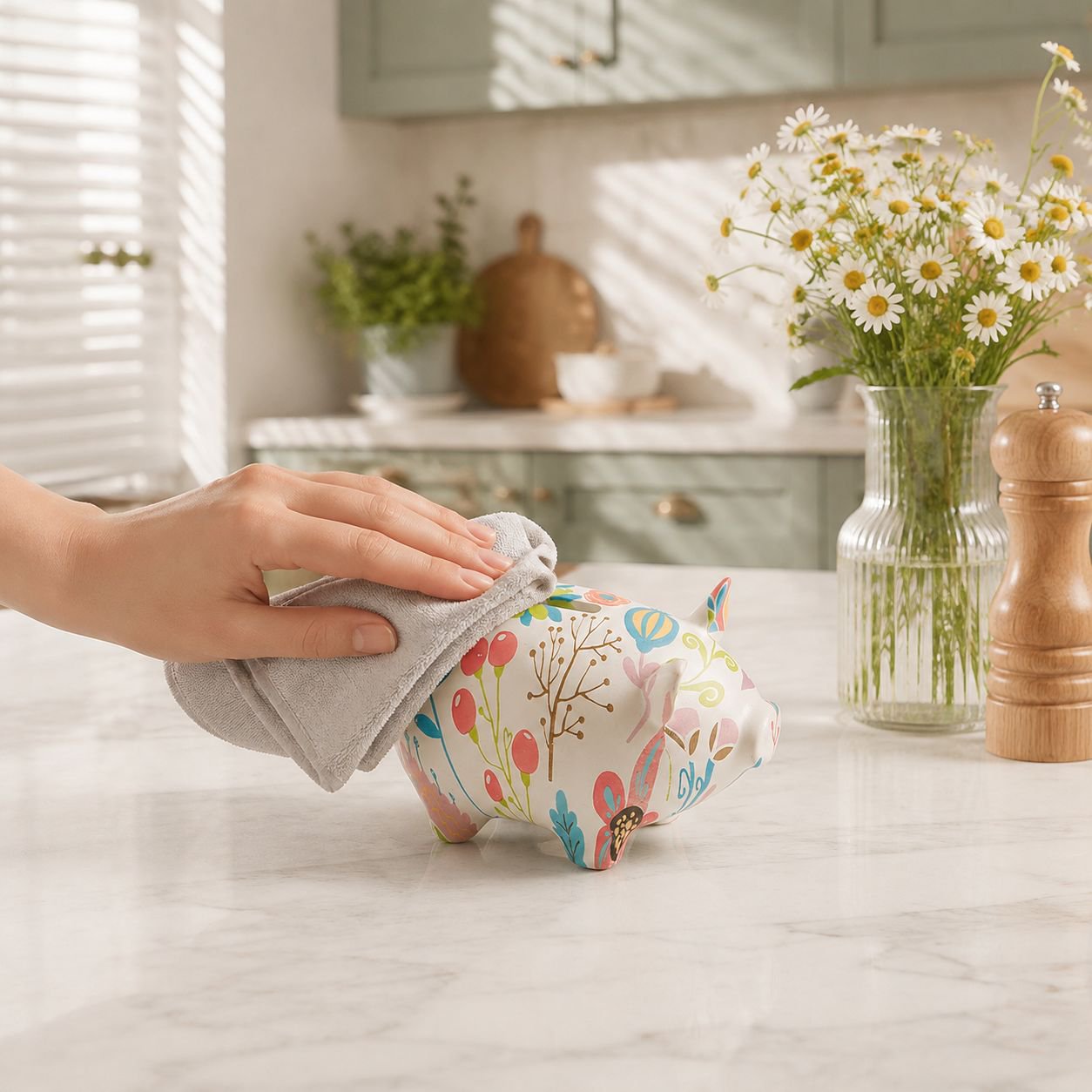 Close-up of the water transfer pattern on ceramic piggy bank