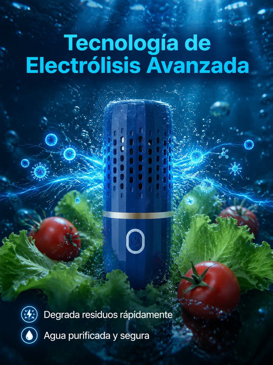 Purificador inalámbrico de frutas y verduras en cápsula sobre la mesa