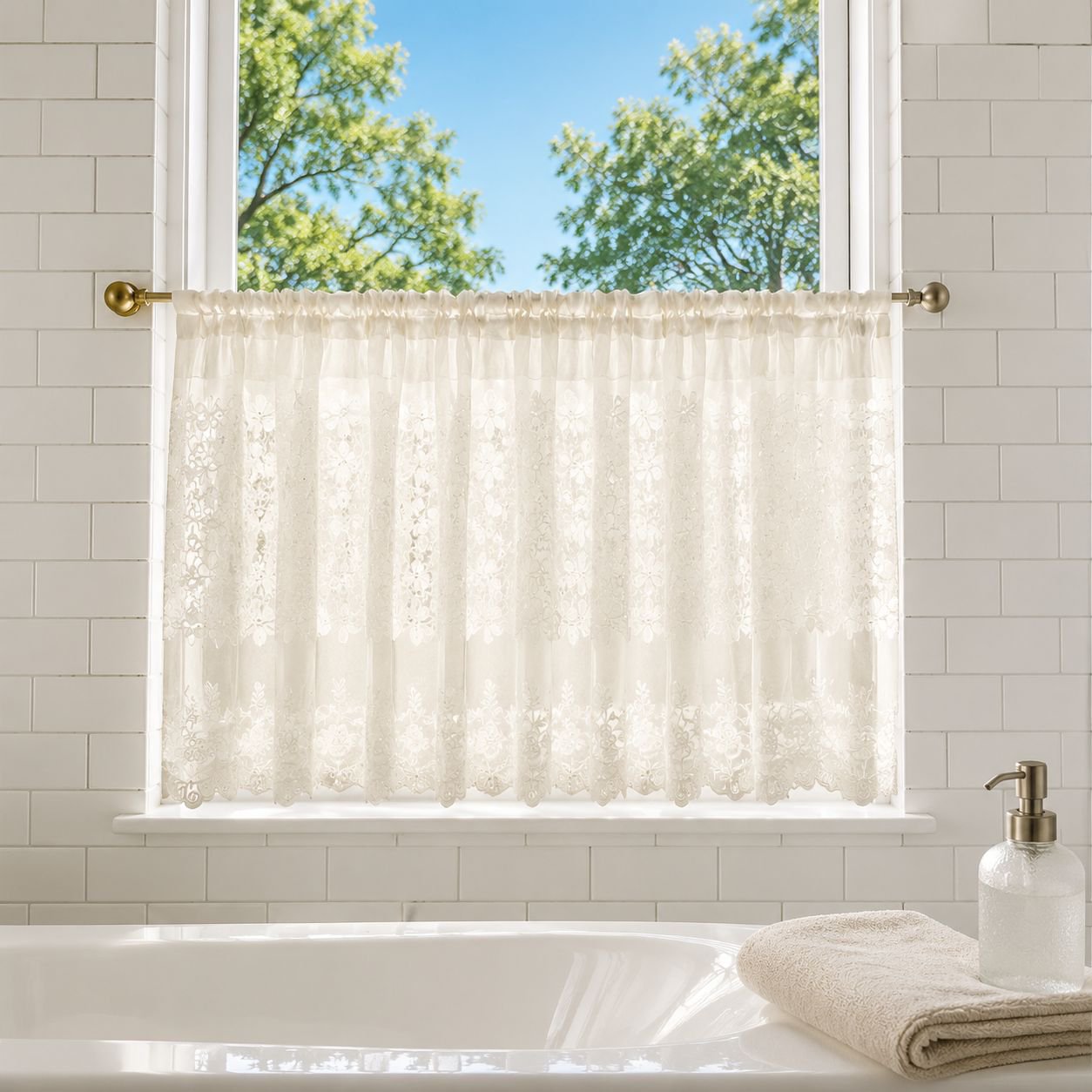 Embroidered Lace Floral Edge Coffee Short Half Curtain