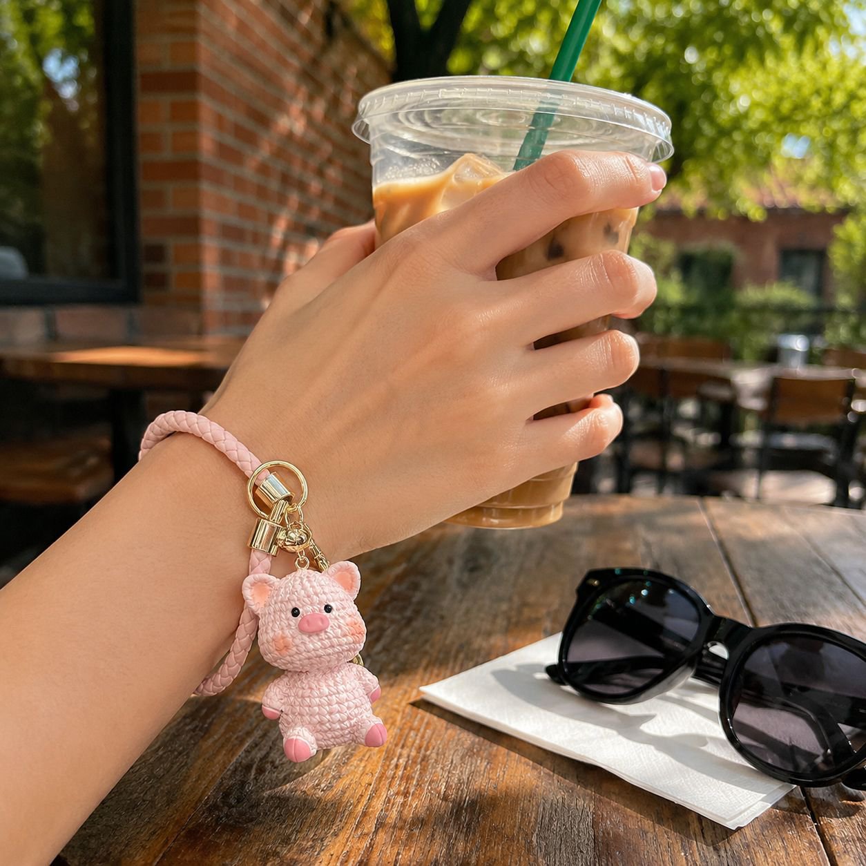 Cute pig animal charm attached to handbag