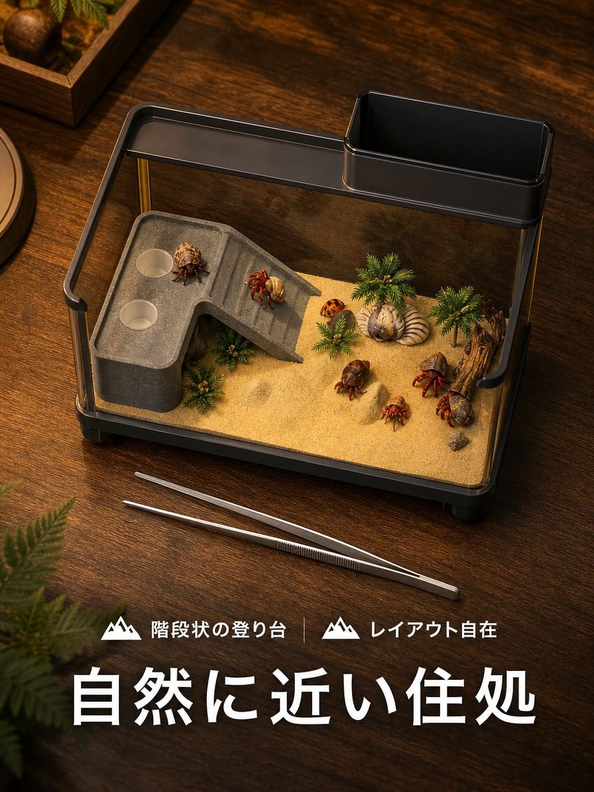 ヤドカリ飼育箱、小型高級ヴィラ、カニコンパニオン、カニ専用生態カメ水槽、登り台付きカメ繁殖セット