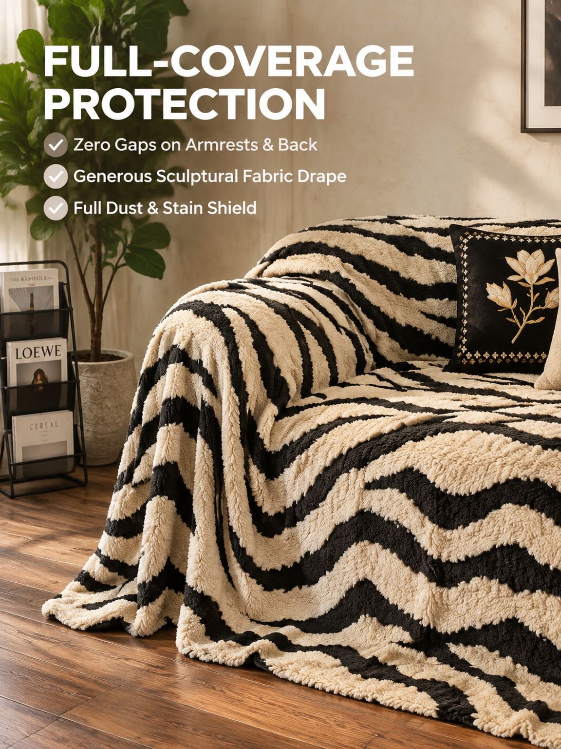 Full coverage zebra print couch slipcover with soft plush texture
