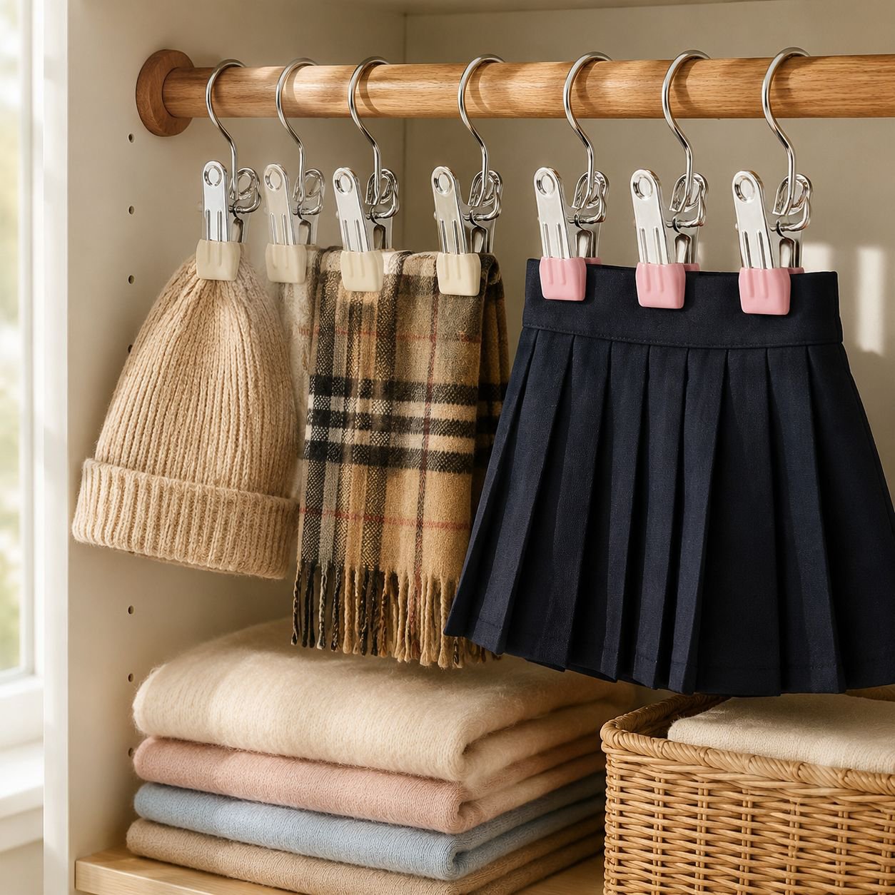 Stainless Steel Non-Slip Clip Hanger holding clothes in dorm room