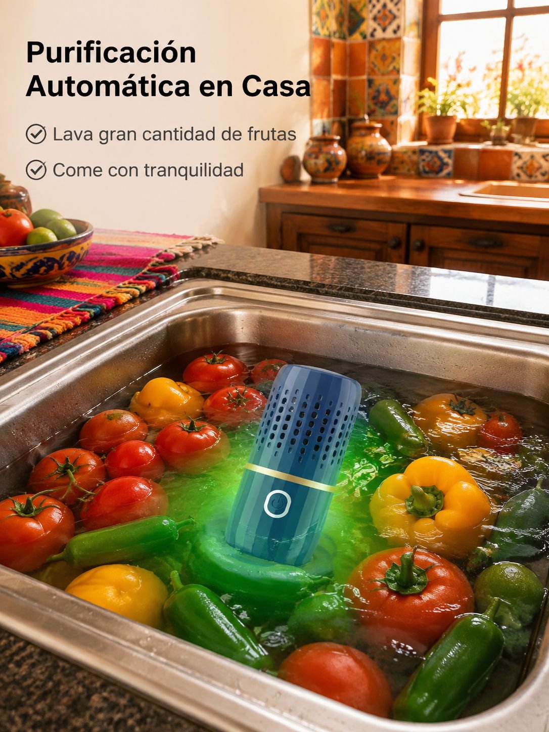 Dispositivo portátil purificador de alimentos en uso con frutas