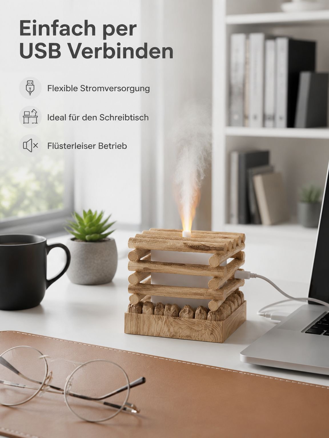 Kreativer Holzhaus-Flammen-Luftbefeuchter, USB-Aromadiffusor für den Schreibtisch