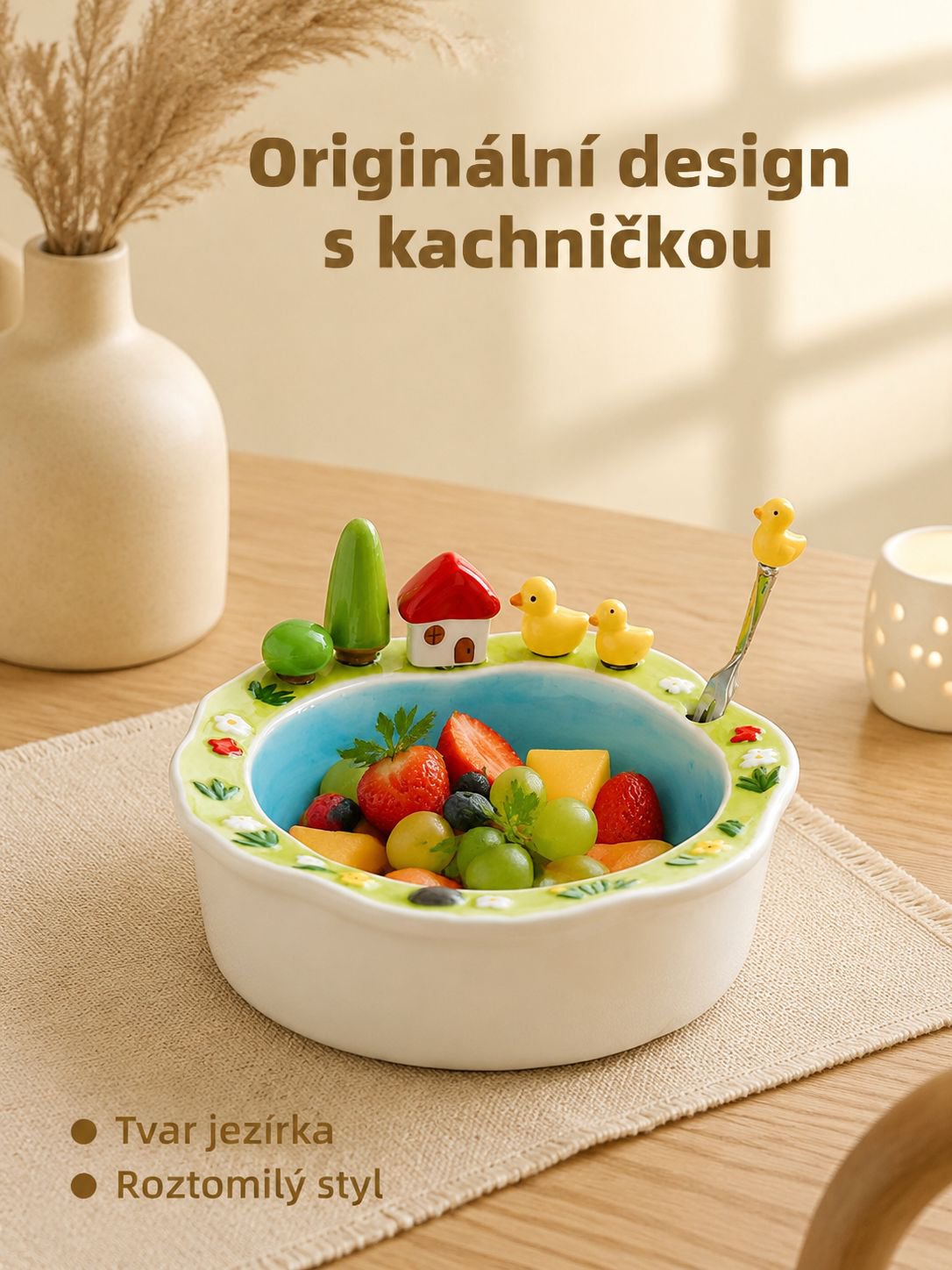 Roztomilý keramický talíř s vidličkami ve tvaru žluté kachničky