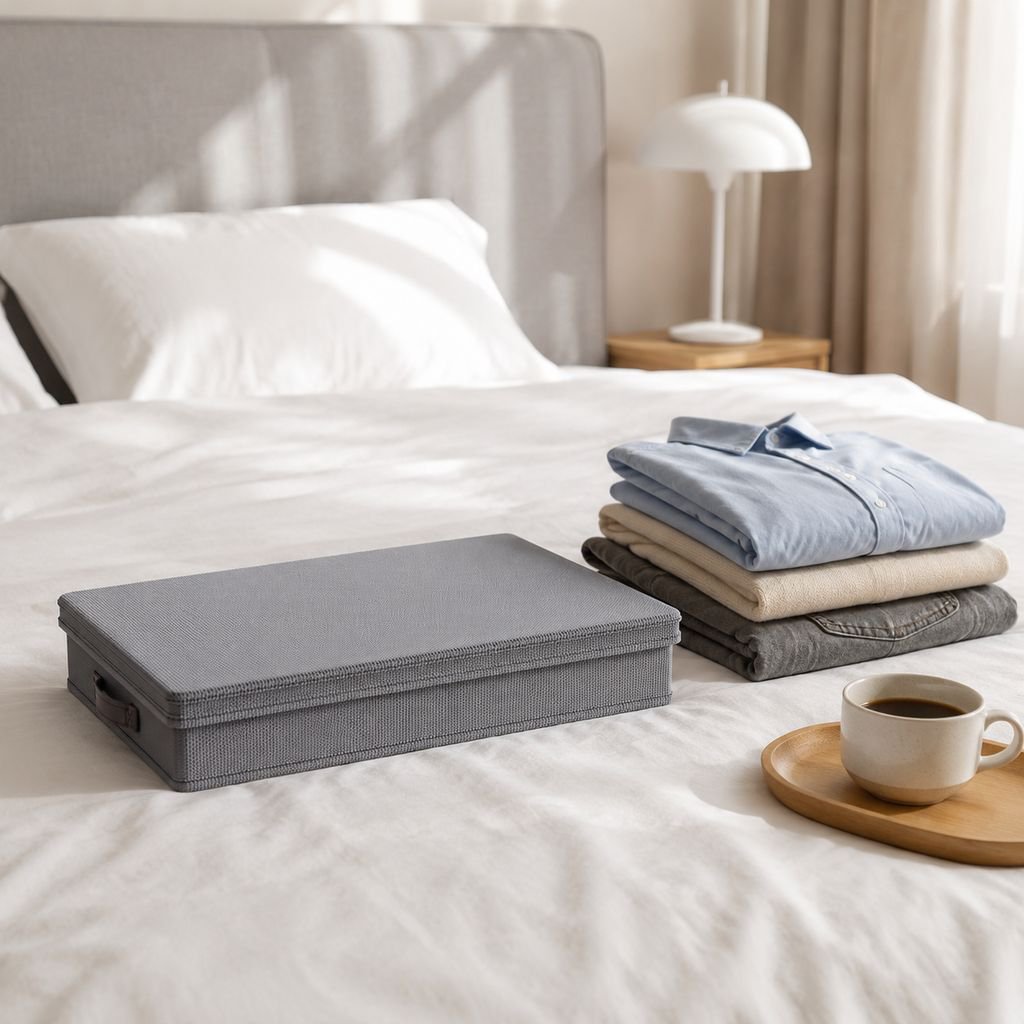 Large fabric bin holding blankets and towels