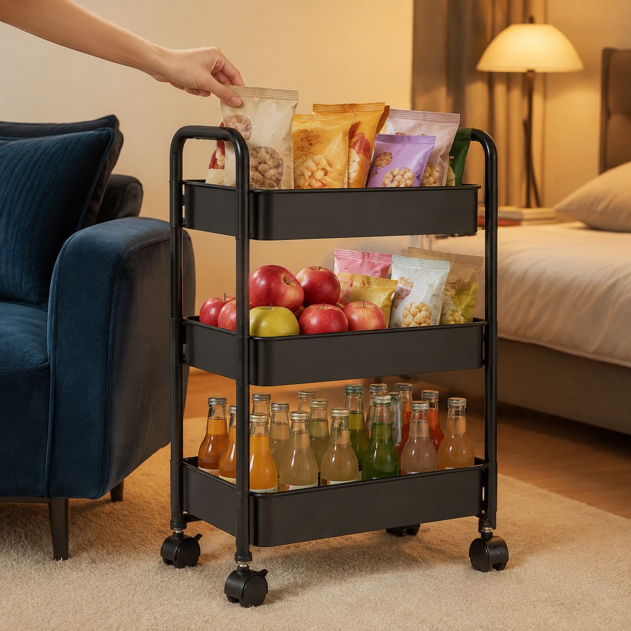 Easy-to-move carbon steel trolley in bedroom