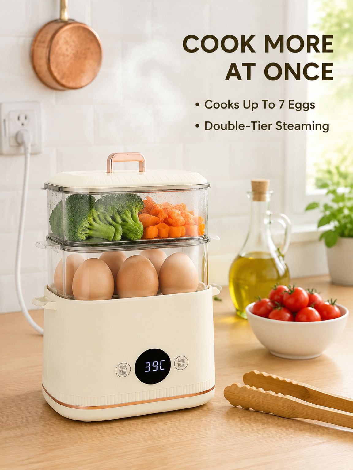 Smart Multi-Function Egg Cooker with Timer, Compact Home Steamer, Automatic Shut-Off