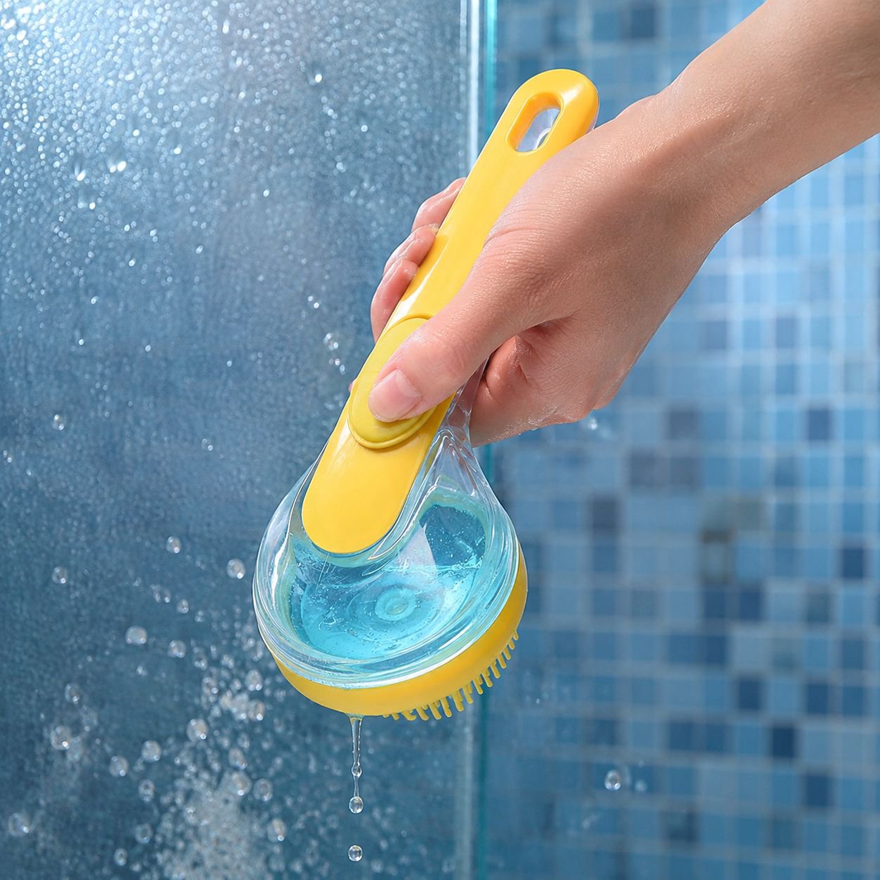 Pet Long Handle Bath Massage Brush with Shampoo Push Out Function