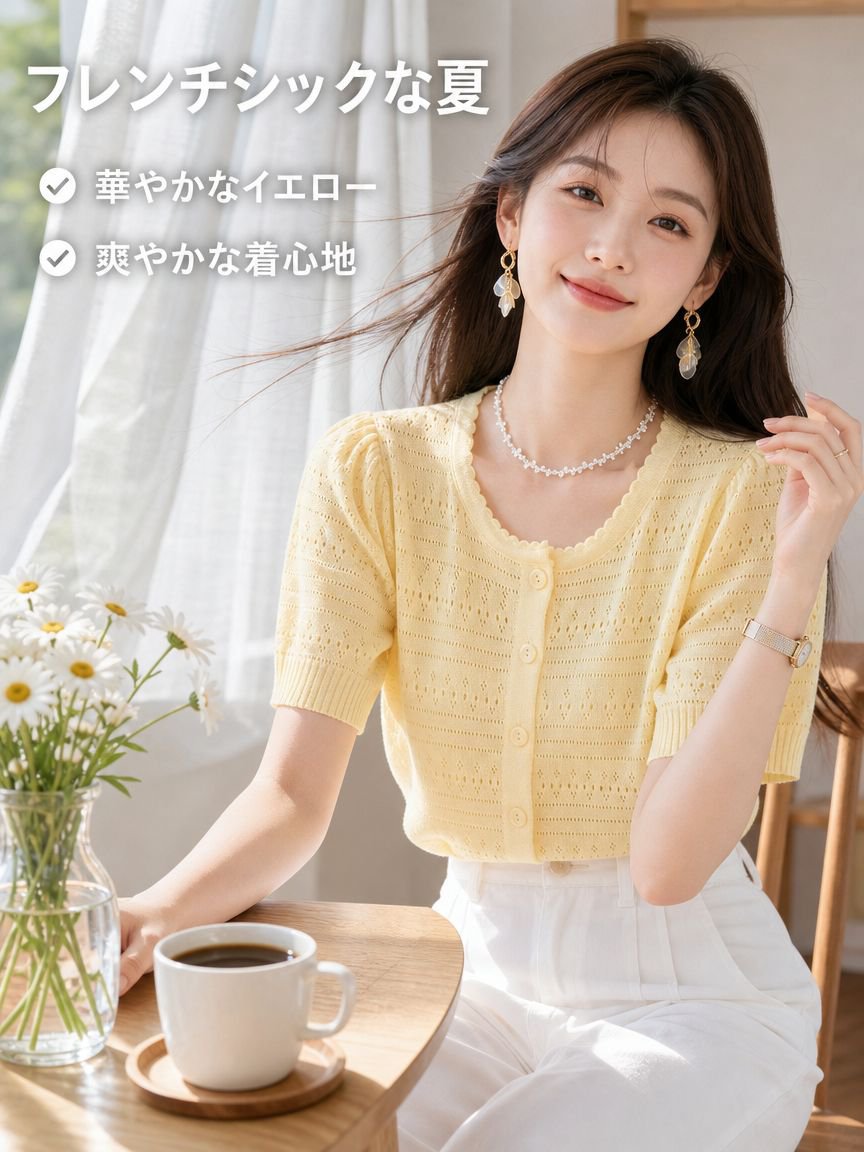 フレンチシックで若々しいイエローの半袖ニットカーディガンは、女性のための新しい夏のスタイル。ファッショナブルで美しく、個性的なショートトップスです。