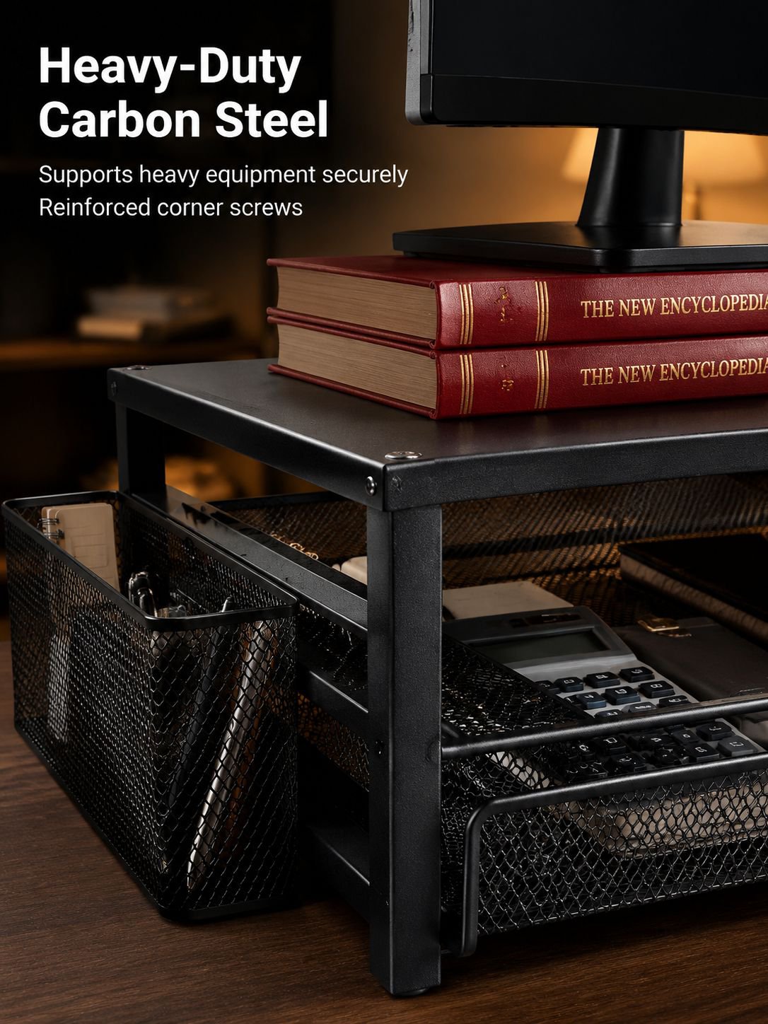 Desk organiser with pull-out drawer for small essentials