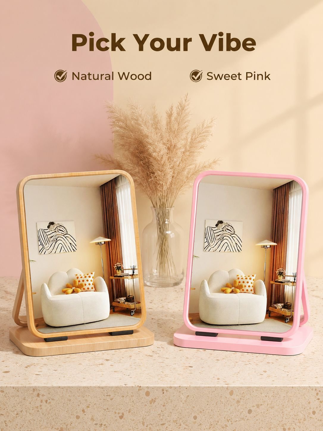 Portable makeup mirror placed on a dressing table