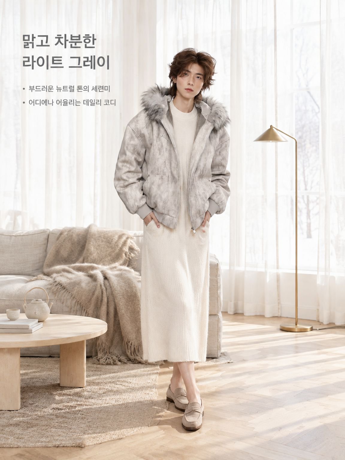 문예 복고풍 나염 패딩 나른한 스타일 퍼 카라 롱 점퍼