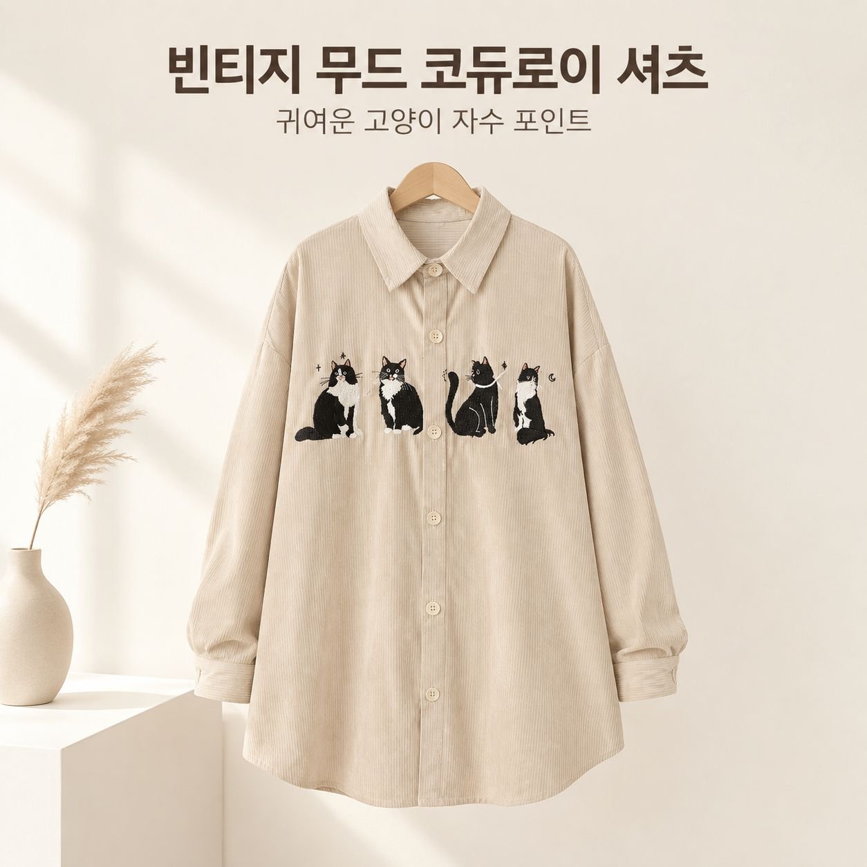 가을겨울 미국 빈티지 루즈핏 재미있는 고양이 자수 코듀로이 긴팔 셔츠