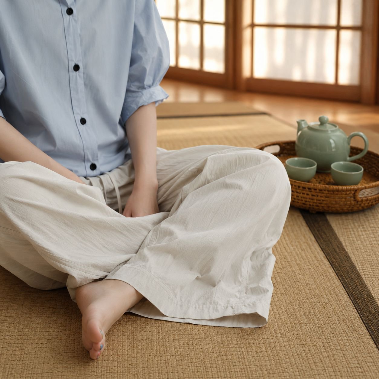 トレンド感あふれるドローストリング付きスリムパンツの着こなし