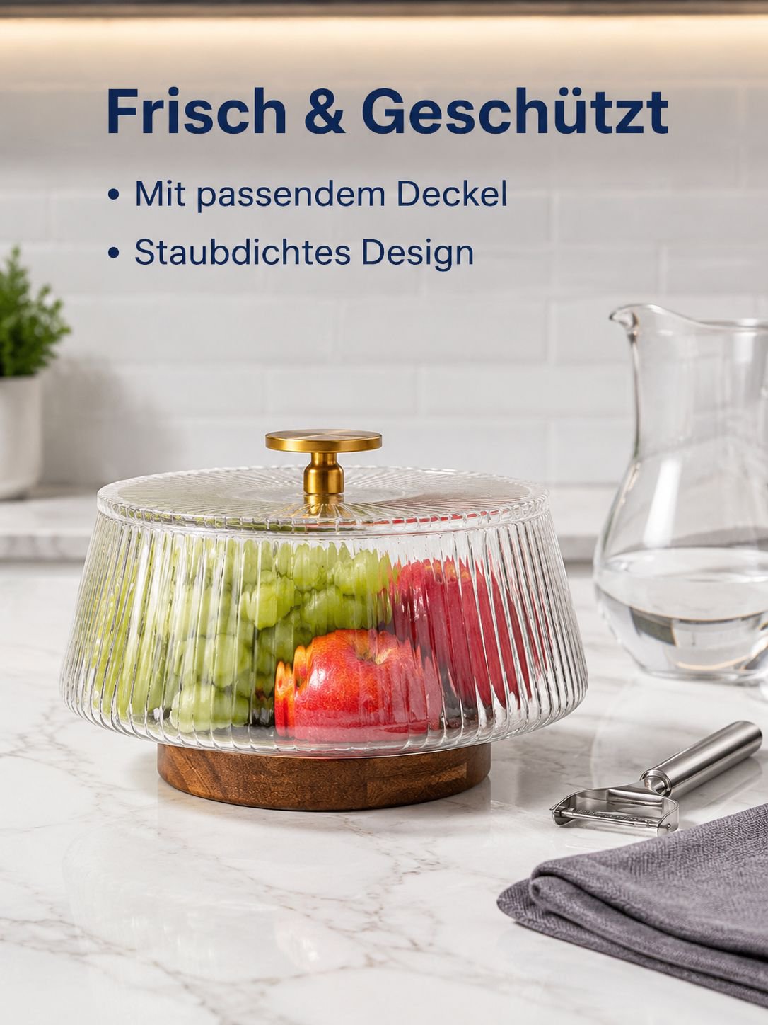 Obstplatte mit Gabeln, Obstplatte aus Glas, gestreifte transparente Obstbox, Obstplatte für das Wohn