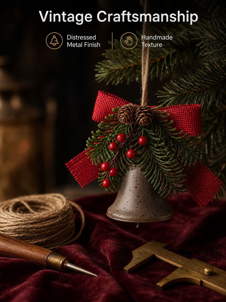 Holiday metal bell and bow ornament