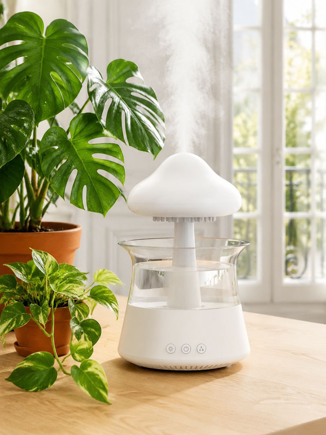 Vue rapprochée de l'humidificateur champignon en fonctionnement