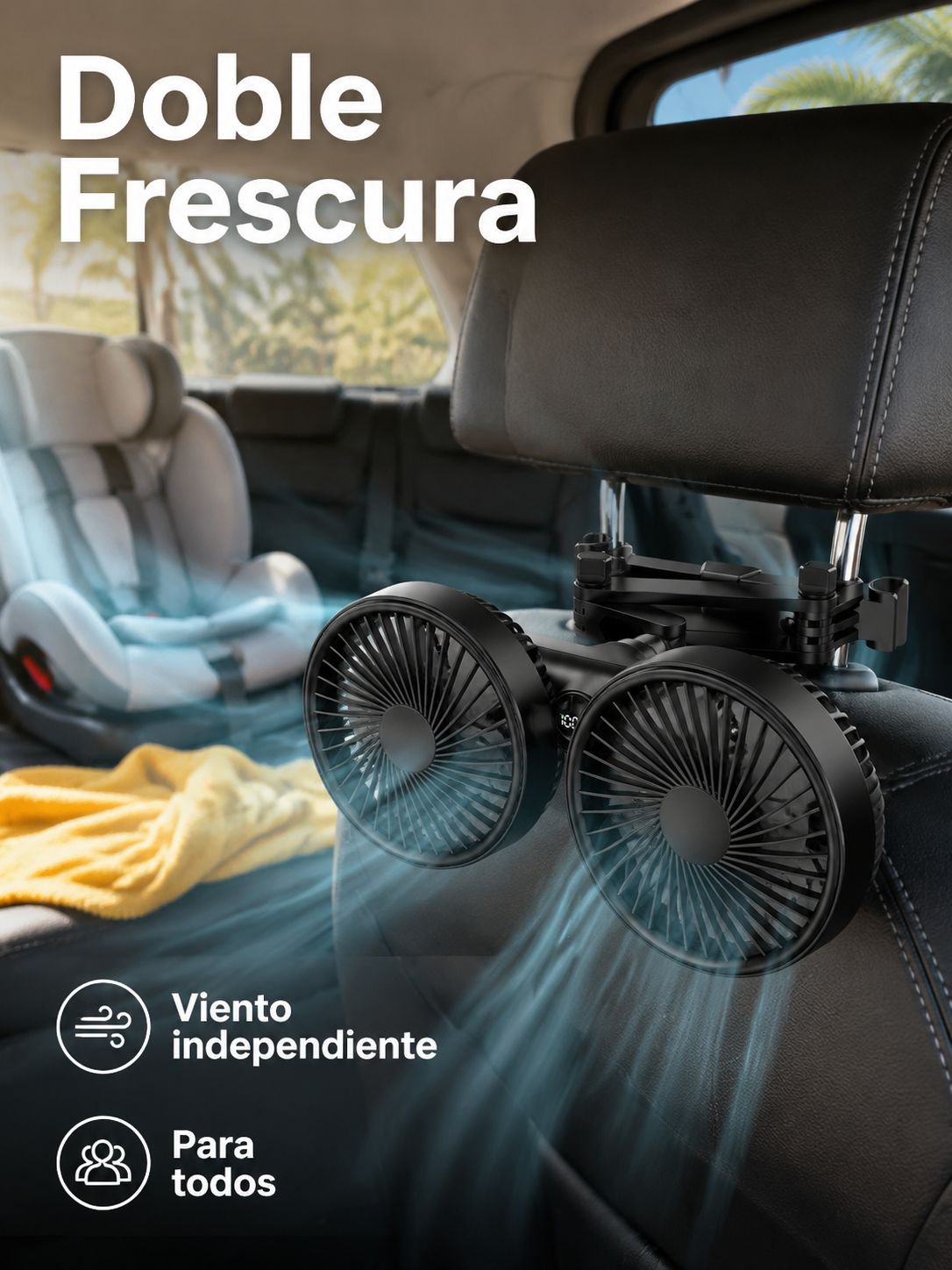 Ventilador de coche de doble cabezal para asiento trasero, potencia fuerte y diseño telescópico