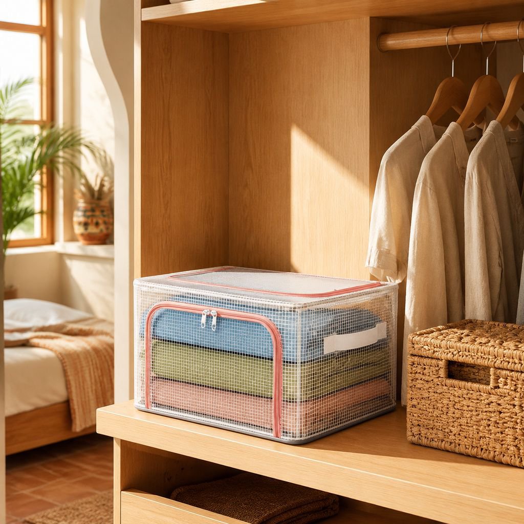 Nueva caja de almacenamiento de ropa de malla de PVC transparente, caja de almacenamiento de ropa pa