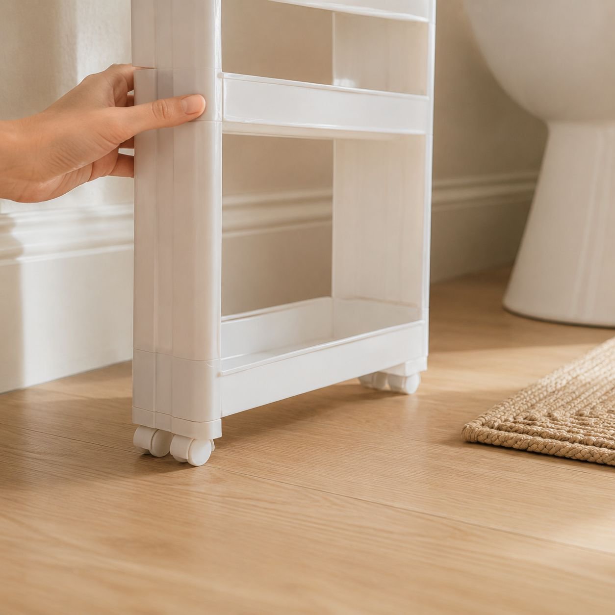 Gap storage rack holding cleaning supplies in bathroom