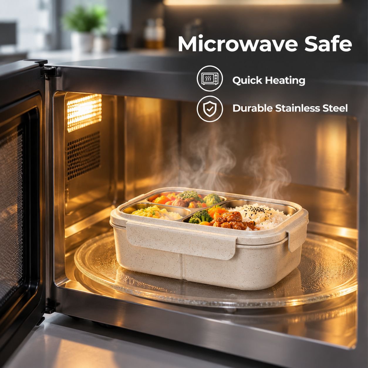 Microwave Safe Stainless Steel Compartment Bento Lunch Box for Office & School