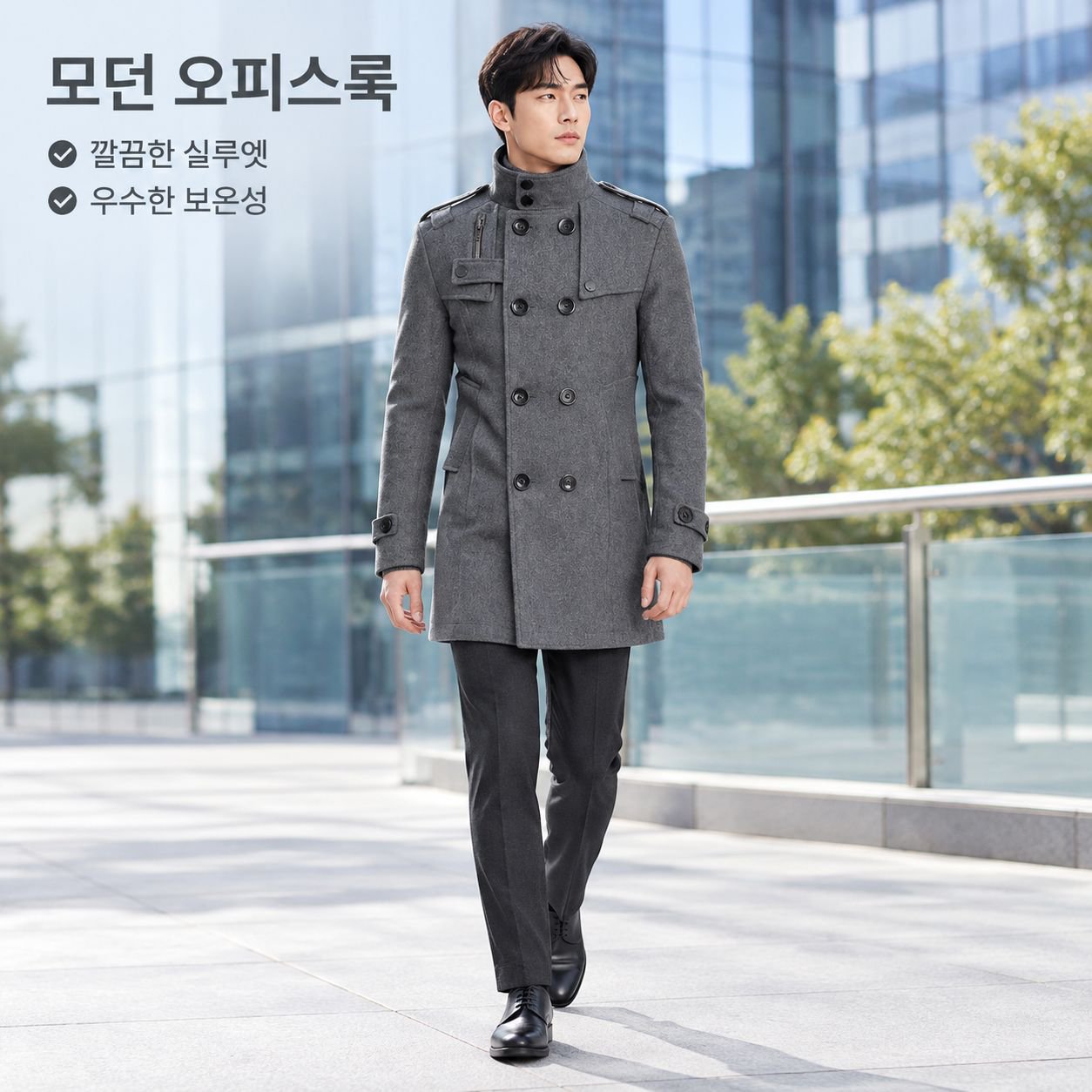 남성 클래식 슬림핏 미디 롱 모직 코트 트렌치 자켓