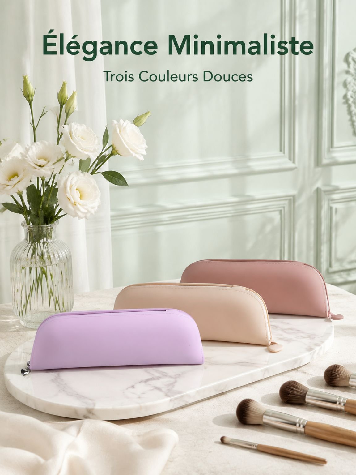 Pochette à pinceaux de maquillage en silicone imperméable avec fermeture éclair, portable