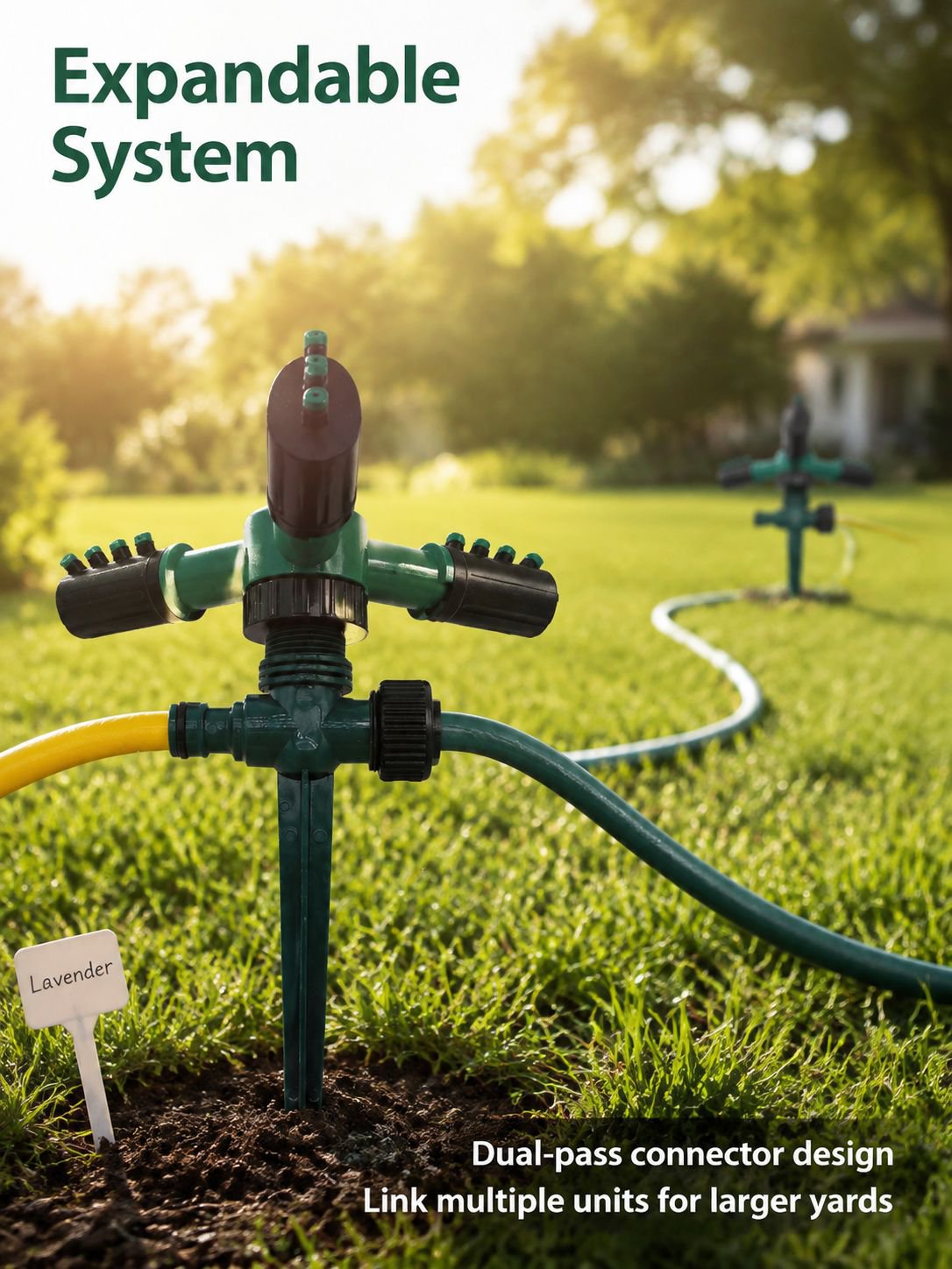 Lawn sprinkler watering flower beds and grass