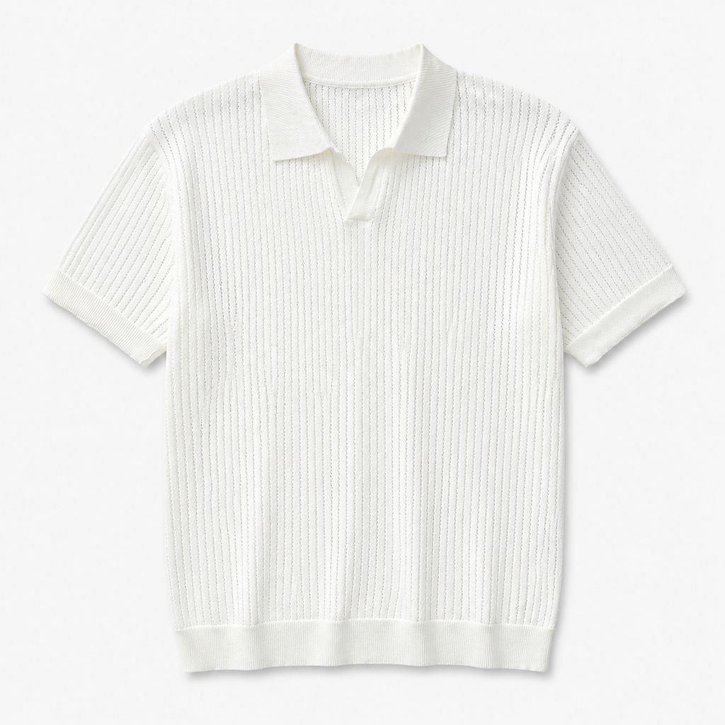 Polo en maille ajourée pour homme à col en V en soie glacée, manches courtes