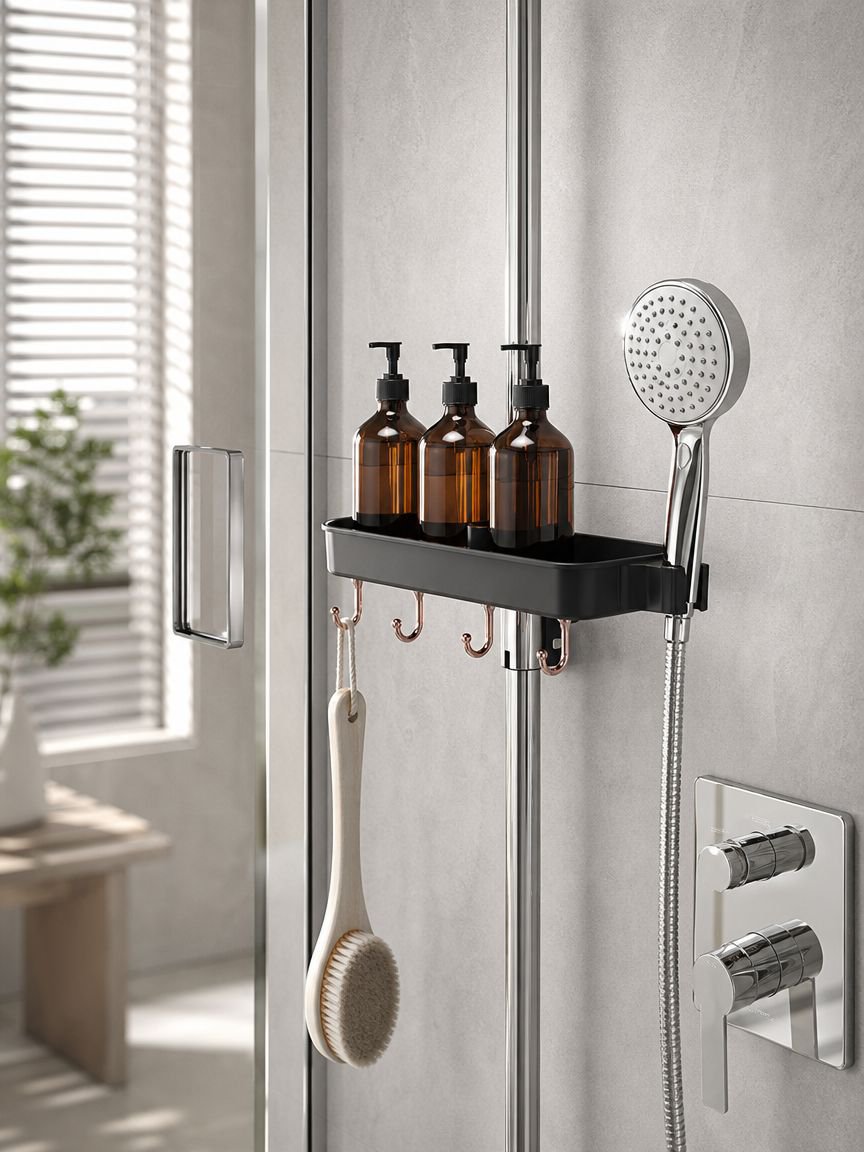 Modern bathroom with space-saving shower head holder rack