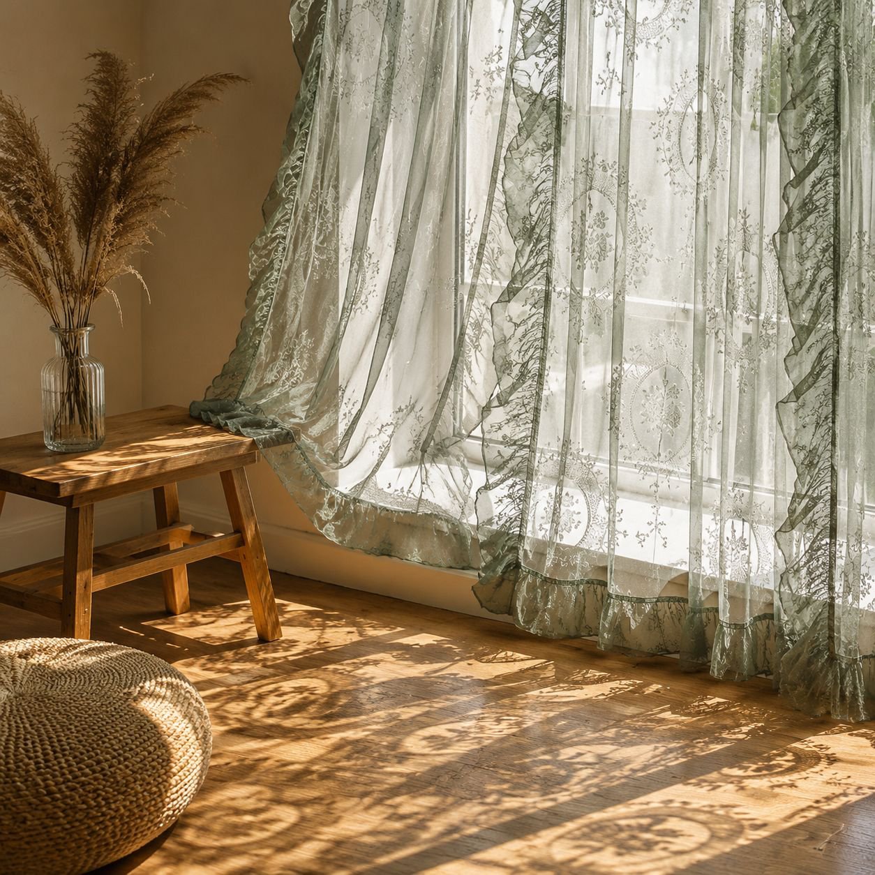 Romantische halbverdunkelnde Spitzen-Gardine mit Rüschen für Landhausstil Wohnzimmer