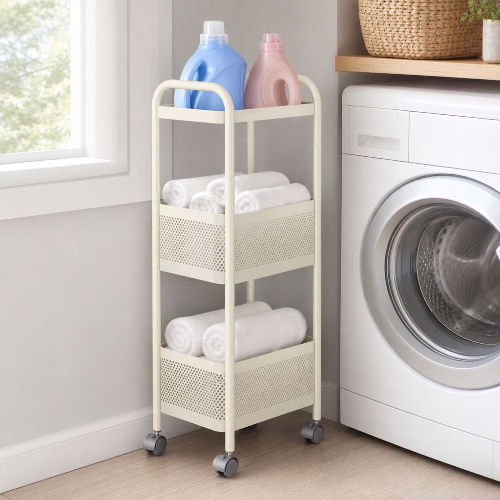 Side view of fridge organizer maximizing kitchen space