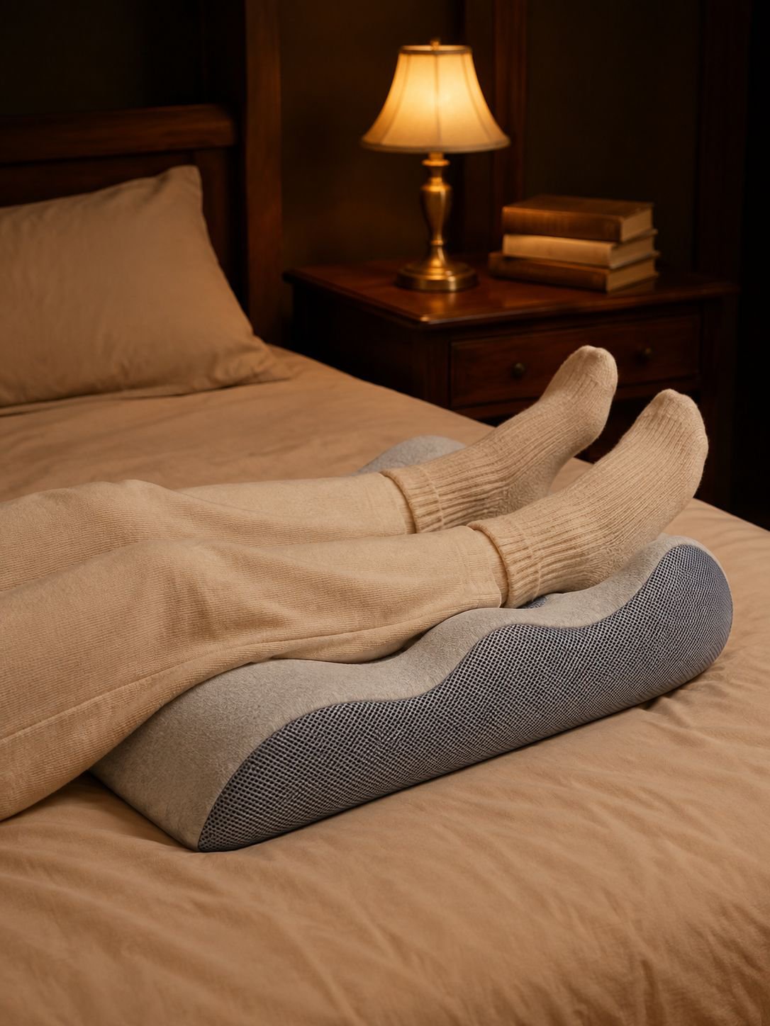 Leg elevation cushion positioned on a sofa for relaxed lounging